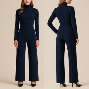 Scanlan Theodore Navy Blue Crepe Knit Mock Neck Long Sleeve Jumpsuit Size M